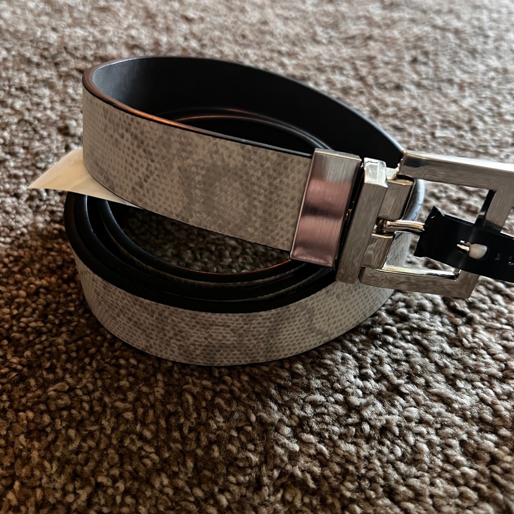 INC Reversible Belt Gray Snake Print Silver Buckle Womens Size Small 34-36